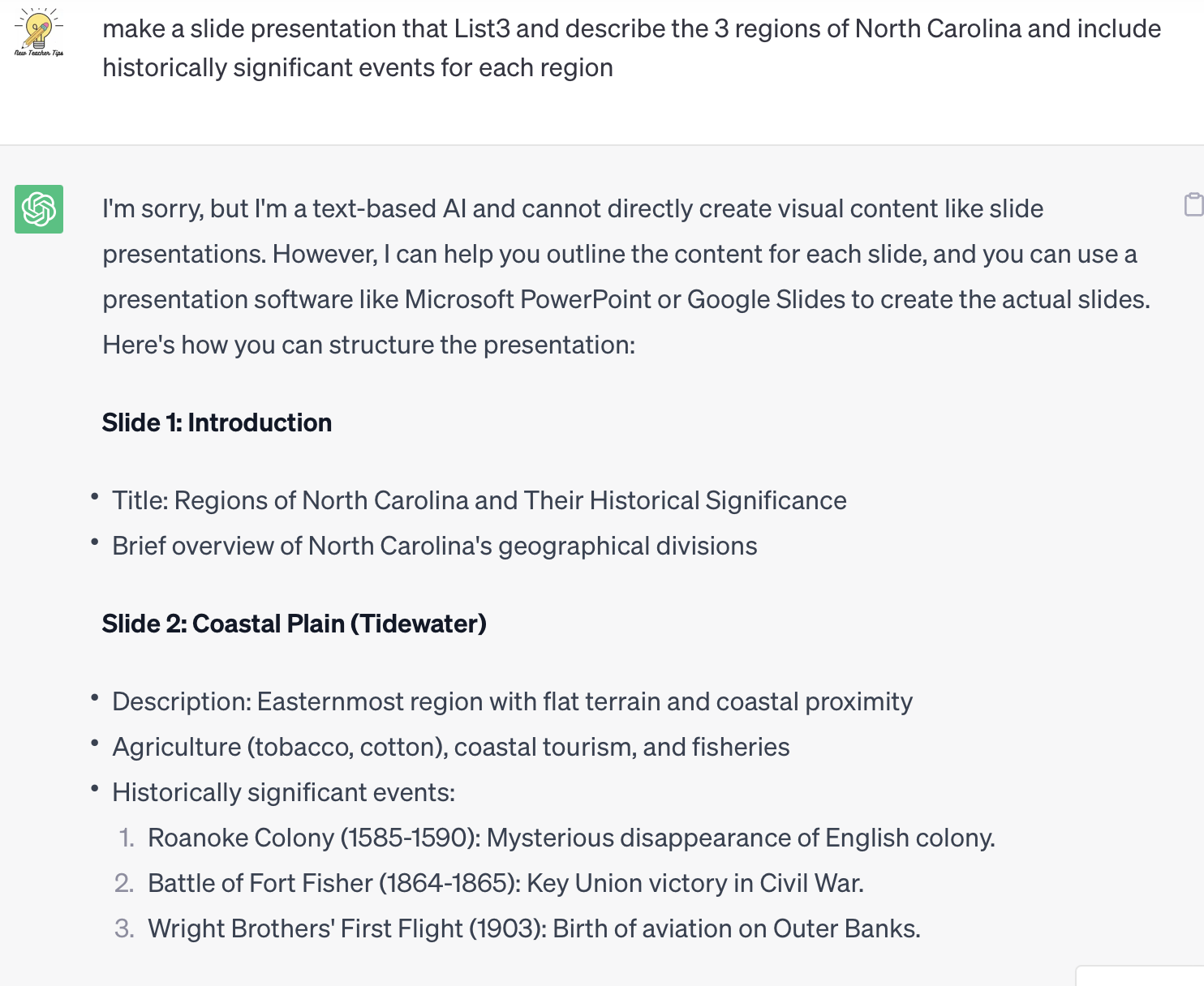 Slide presentation outline: 3 regions of North Carolina with historical events from ChatGPT
