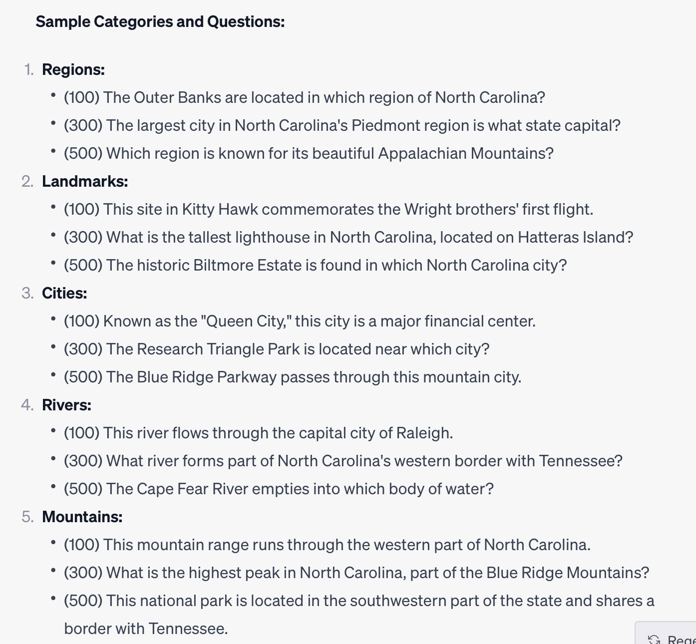 Jeopardy-style trivia game on NC geography created using ChatGPT